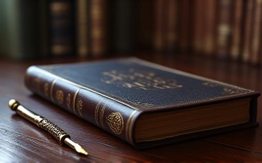 A leather-bound legal journal with a fountain pen on a mahogany desk