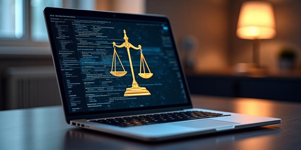 Close up of a high-end laptop showing abstract digital code and a scales of justice icon, representing legal tech in e-commerce.