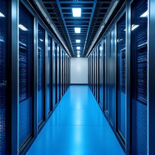 Secure server room with blue lighting representing data safety
