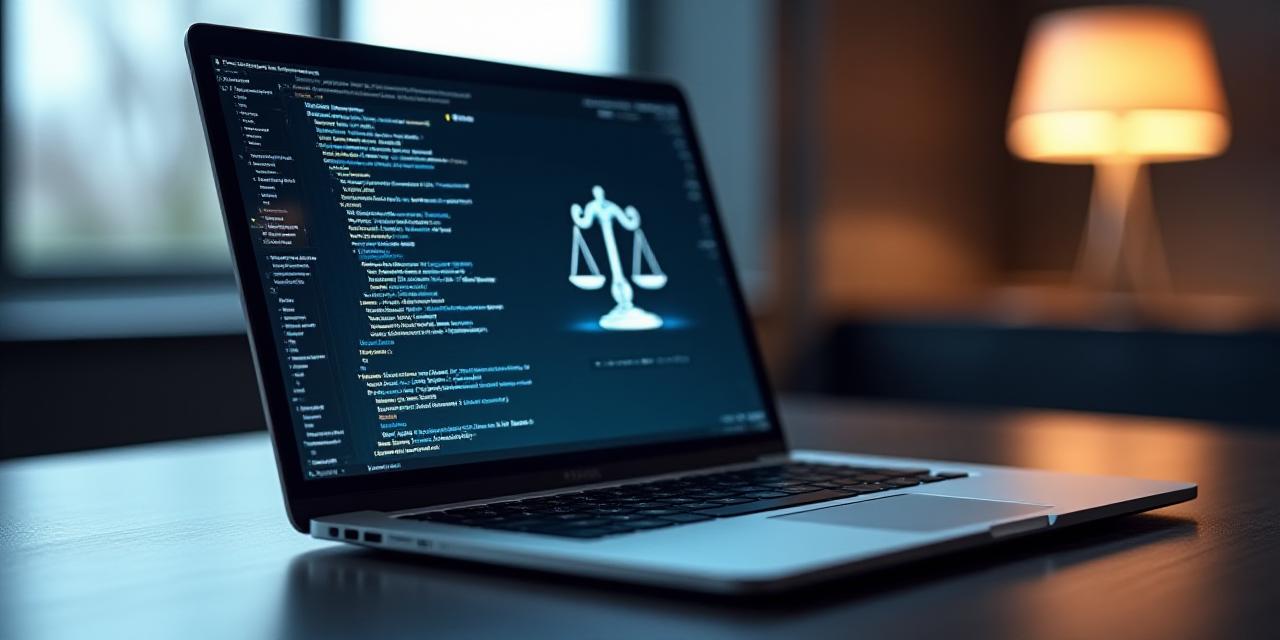 Close-up of a high-end laptop showing code and a digital legal gavel, representing technology law.